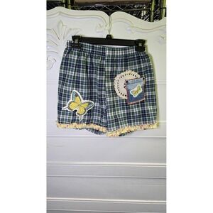 Upcycled Green Plaid‎ Butterfly Vintage Linens Lace Womens Shorts S